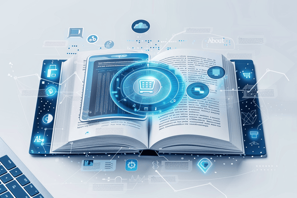 Illustration réaliste d'un livre ouvert et d'une tablette avec icônes numériques, pour la page À propos d'une agence web